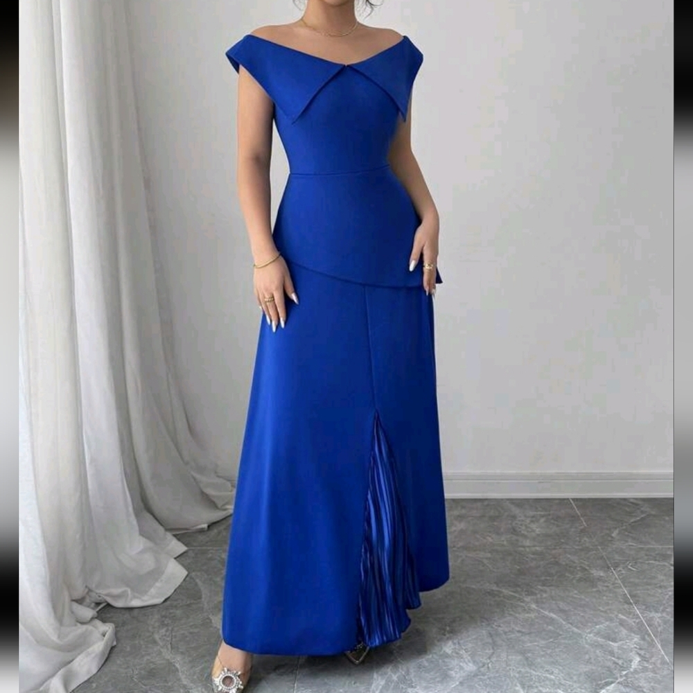 Blue Asymmetrical Off-Shoulder Maxi Gown